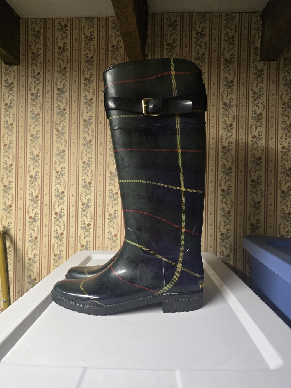 Lauren Ralph Lauren Black Plaid Tall Rain Boots with Buckle - Picture 3 of 5